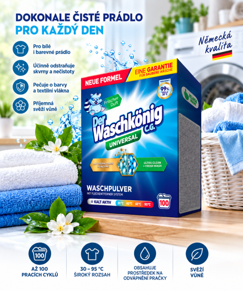 Waschkönig Universal XXL prací prášek na bílé i barevné prádlo – 6 kg, až 100 pracích cyklů
